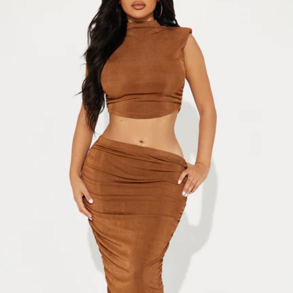Ruched slinky Brown Women's maxi skirt set